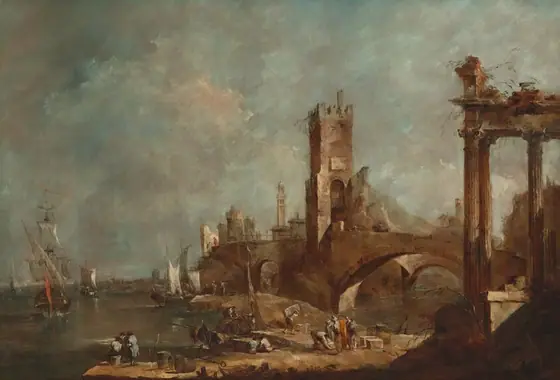 This painting depicts a harbor scene with brown arches and towers on the right, along with tall columns that look like ruins. At the bottom of the painting, people are engaged in various activities along the water's edge.