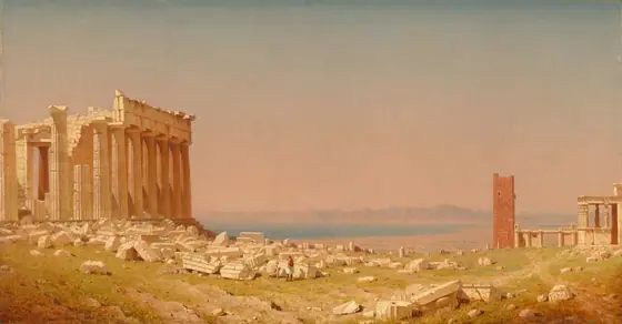 A view across a wide, brightly lit field scattered with broken pieces of stone is framed to the left and right by crumbling stone temples in this horizontal painting.