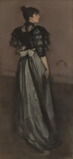 A woman stands with her back to us wearing a silver and black gown as she turns to look to our right in profile in this vertical portrait painting.