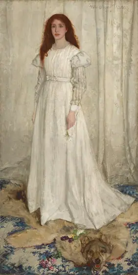 A young woman with pale, peachy skin, wearing a long, flowing white dress, stands in front of a white curtain in this vertical portrait painting. Her auburn-red hair cascades down over and behind her shoulders.