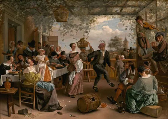 More than a dozen light-skinned men, women, and children eat, drink, talk, and make music around a dancing couple under an arbor in this horizontal painting. Most of the people are dressed in muted tones of green, gray, and black.
