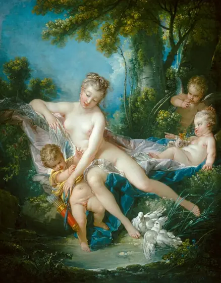 A nude woman and three small, winged children gather among bushes and lush vegetation at the edge of a clear pool in this vertical painting. All four have pale skin and blond hair.