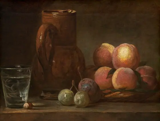 Light from the upper left falls across a glass, a pitcher, peaches in a basket, and other fruit arranged along a brown tabletop or ledge in this horizontal still life painting.