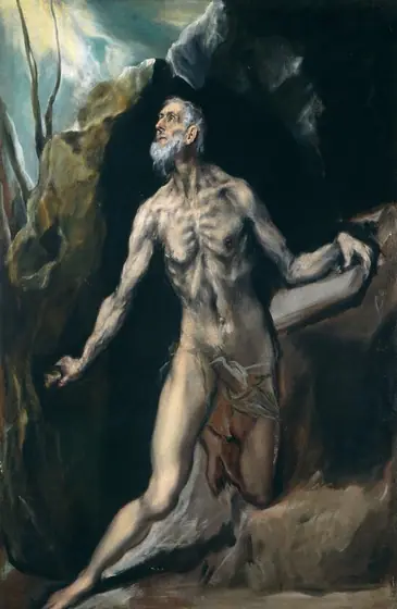 A nude man holding a book in one hand and a rock down by his other side kneels at the opening of a rocky cave in this vertical painting. The man’s body and the shadowy cave opening nearly fill the composition.