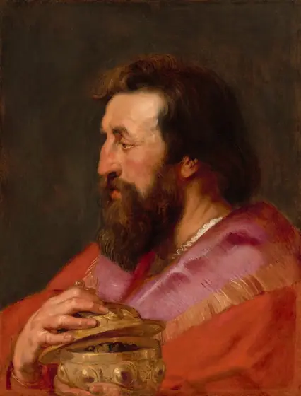 Shown from the chest up, a man with peach-colored skin sits in profile facing our left with downcast eyes in this vertical painting.