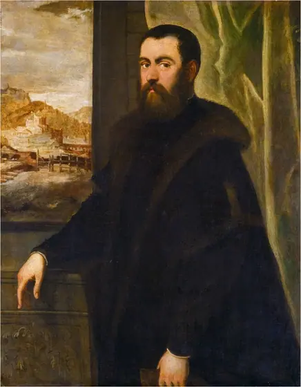 Shown from the knees up, a pale-skinned, bearded man dressed in black gazes at us in this vertical portrait painting. His body is angled to our left, and he looks at us from the corners of his hazel eyes under thick brows.