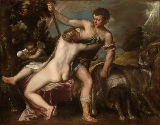 A seated nude woman reaches for and embraces a partially clothed man as he begins to stride away in this horizontal painting. A winged child holds a dove near his face to our left, and two dogs stand to our right of the pair.
