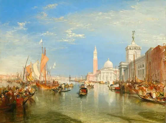We look across a glittering waterway lined with long, low boats and sailboats at an ivory-white church in the distance to our right in this horizontal landscape painting.