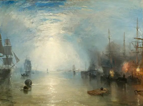 We hover over a flax-yellow body of water lined with ships to our left and right, which are silhouetted against a moonlit, cloud-veiled sky in this horizontal landscape painting.