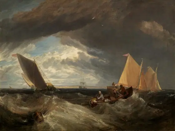 We look across churning waves at four sailing ships and a wooden rowboat with four men aboard in this horizontal painting. Dark, iron-gray and tawny-brown clouds approaching from the right fill the top two-thirds of the composition.