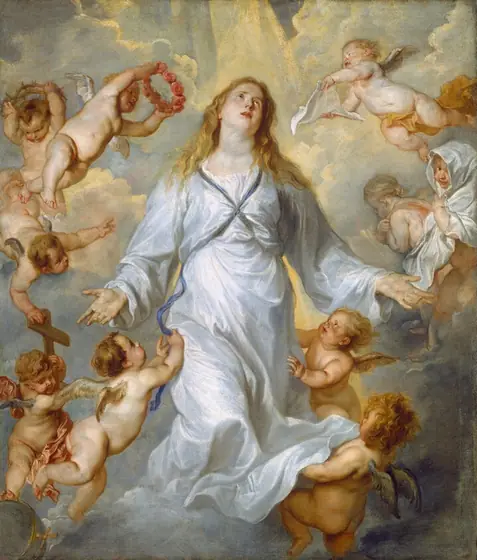Light pours over a woman floating in front of a bank of clouds, surrounded by ten mostly nude, toddler-like winged putti in this vertical painting. The woman, Mary, and the putti all have pale, peachy skin.