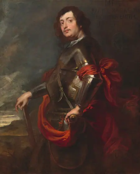Shown from the knees up, a pale-skinned man wearing armor stands with his body facing our left in profile but he turns his head to look up and over our right shoulder in front of a distant, gray landscape in this vertical portrait painting.