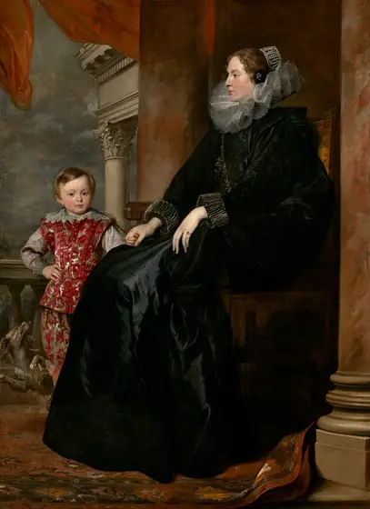 A woman wearing a voluminous black dress with a wide, ruffled collar sits holding the hand of a young boy, who stands next to her, in this vertical portrait painting.