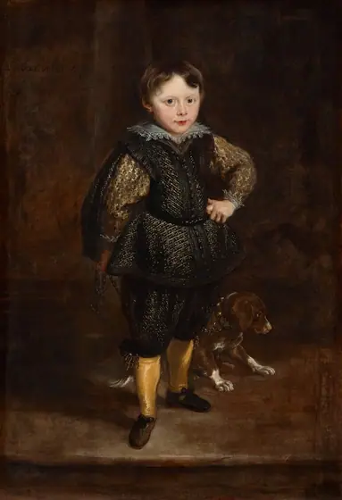 A young boy with pale skin and short brown hair, wearing a black and gold jerkin and breeches, white lace collar, and buttercup-yellow stockings, stands facing us with a dog at his heels in this vertical portrait painting.