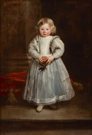 A young girl with light skin, round, rosy cheeks, and blond hair holds an apple and wears a full, ankle-length, silvery white dress with puffy sleeves in this vertical portrait painting.