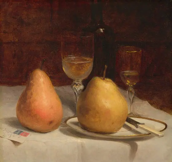 This painting shows two large pears on a white tablecloth. The pear on the left is a pinkish color and sits directly on the cloth. The pear on the right is yellow, and it rests on a white plate next to a small knife.