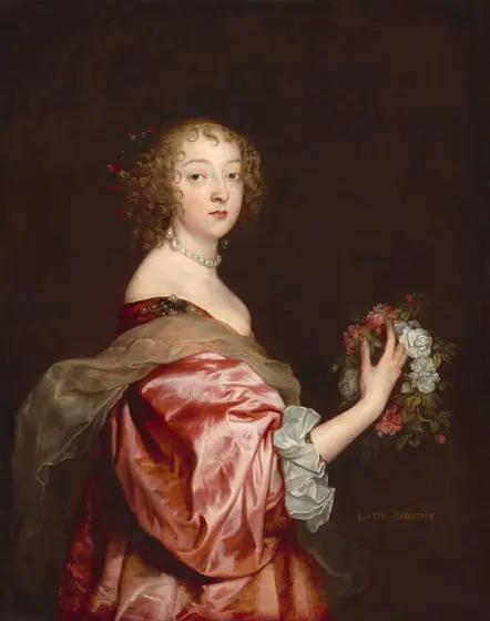 A woman with a pale, peachy skin stands wearing a voluminous rose-pink, silk dress and holding a wreath of pink and white roses and greenery in this vertical portrait painting.