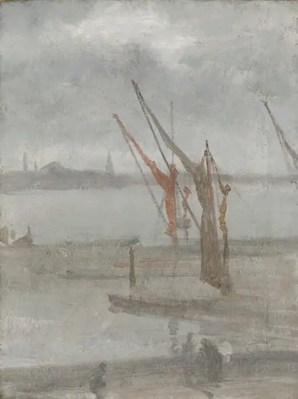 This painting shows a waterfront with boats and buildings in the distance. The shadowy horizon line divides the composition between the gray sky and gray water. The distant shore features faint outlines of buildings.