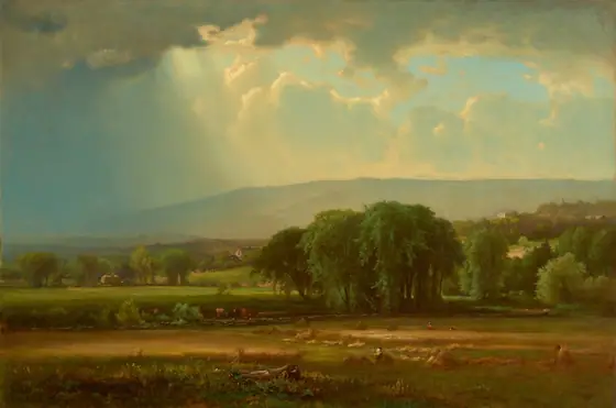 This painting depicts a vast countryside from an elevated point of view. At the bottom of the painting is a wide brown and green field that appears to be growing wheat or a similar crop.