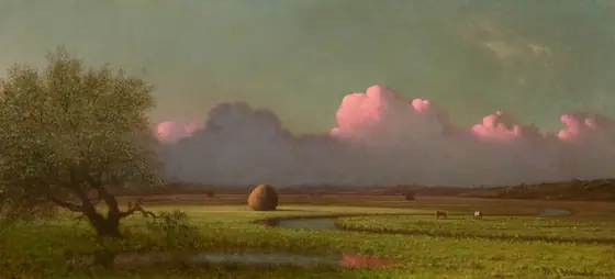 Tall, billowing, lavender-purple and shell-pink clouds line the distant horizon over a vast plain of flat grassy land in this horizontal landscape painting.