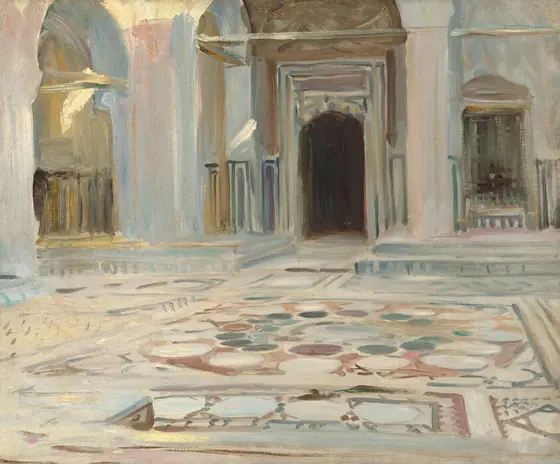 This nearly square, sketchy painting shows the interior of an empty courtyard, created in milky tones of oatmeal brown, ivory, muted brick red, eucalyptus green, and slate blue.