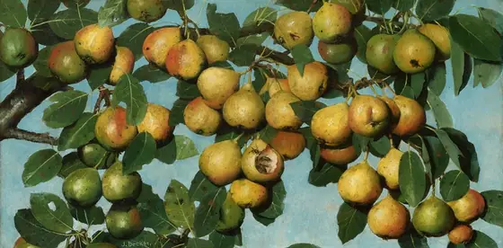 More than three dozen pears clustered densely on leafy branches against a vivid blue sky fill this long, horizontal painting. Most of the pears are golden yellow and touched with blush pink on one side.