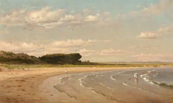 We look slightly down onto a bay that curves away from us into the distance and to our right in this horizontal landscape painting. C-shaped, shallow waves lap at the sandy beach from our right.