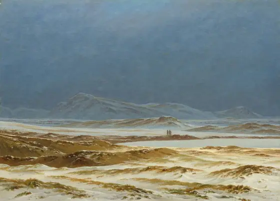 Two minuscule people stand in the center of an expansive, rugged landscape dusted with snow in this horizontal painting.