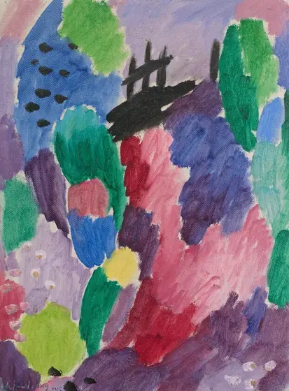 This painting is an abstract composition of irregular shapes and vibrant colors. The different sections overlap and intersect in shades of green, blue, red, purple, and pink.