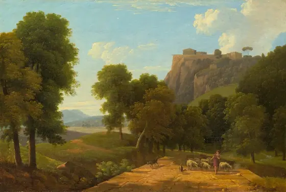 Sun drenches a landscape with trees, grassy hills, and rocky cliffs in this horizonal painting.