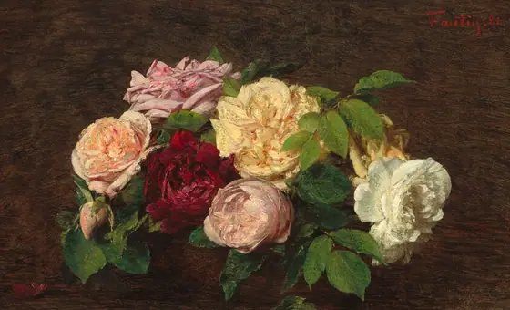 Seven roses in full bloom are clustered in a wide bouquet set against a dark brown background in this horizontal still life painting. The blossom to our left is peach, and a bud dips down in front of that flower.