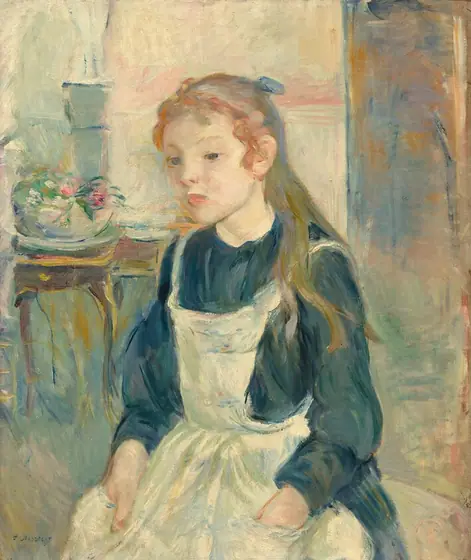 This painting displays a young girl sitting, her head and body slightly turned to the left. She has fair skin and light reddish-brown hair tied back with a blue ribbon, a few curls framing her face.