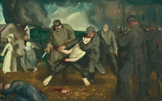 This painting depicts a scene of conflict with several people in military garb. In the center, a shirtless person with pale skin is being restrained by soldiers.