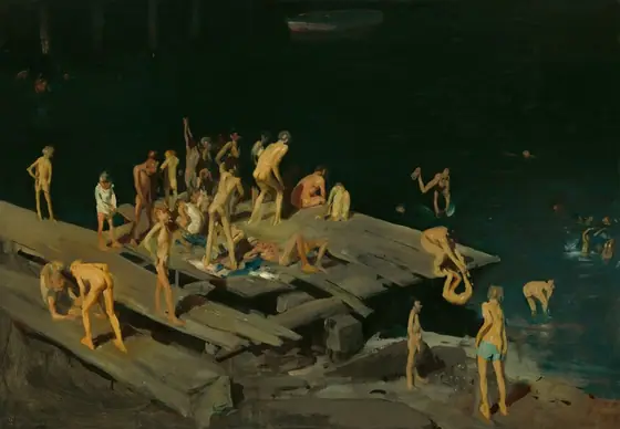 From a high vantage point, we look down ontp a group of dozens of boys who stand, sit, stretch, sprawl, or dangle their legs off a rough wooden pier that juts out from the lower left corner into a dark river in this horizonal painting.