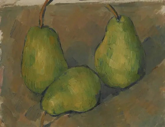 Three whole, green pears against a caramel-brown background fill this horizontal still life painting. The painting was created with long, parallel, visible brushstrokes throughout, and a strip of unpainted canvas lines the top edge.