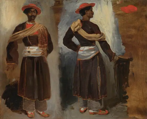 This painting shows a man depicted from two angles; on the left, he faces us, while on the right, his back is to us. In both views he wears the same clothes and is in the same position.