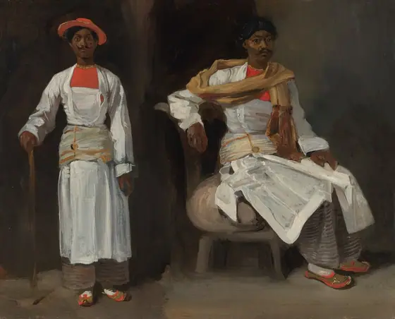 The painting contains two full-body depictions of a man with dark skin in different postures and clothing, placed next to each other against a dark background. On the left, the man stands upright, holding a cane.