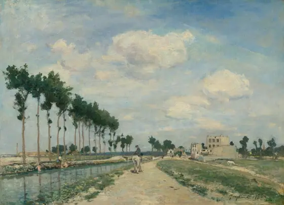 This painting shows a landscape with a horizon in the lower third of the composition. On the left side of the painting, there are tall trees along a canal.