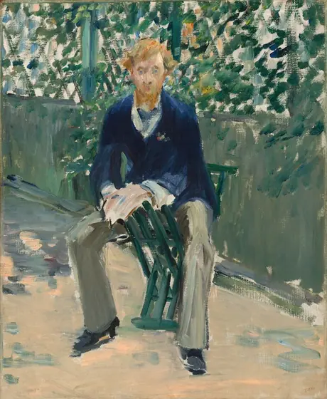 A pale-skinned young man with a carrot-red beard and hair faces us, straddling a green chair in a sunny outdoor setting in this vertical painting. The scene is loosely painted so his features are indistinct.