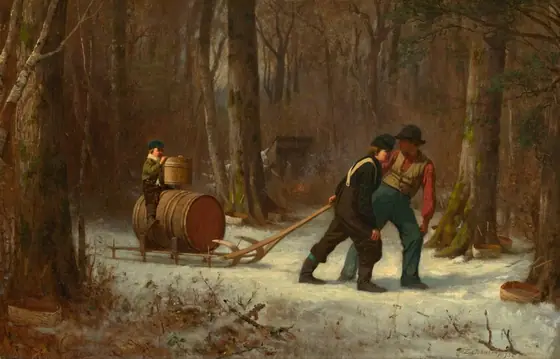 This painting depicts a snowy forest scene with a path running through tall, leafless trees.