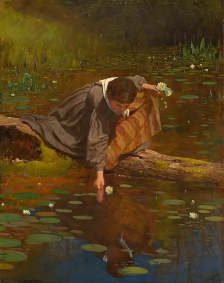 This is a painting of a woman reaching to pick a water lily from a pond. She is crouching atop a fallen log, leaning over to submerge her right hand in the water.