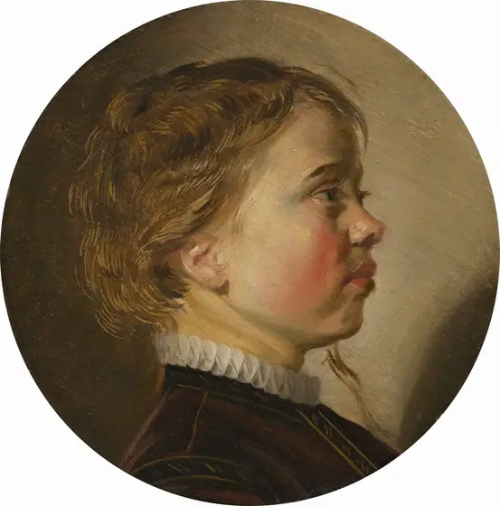 This round portrait painting shows the head, face, and the top of the shoulders of a young, blond boy with pale, peachy skin and flushed cheeks, facing our right in profile against a tan background.