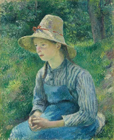 Shown from the lap up a pale-skinned young girl sits in a grassy landscape in this vertical painting. The girl and surroundings are painted with visible strokes and dashes of mostly vivid greens and blues, which give the scene a soft look.