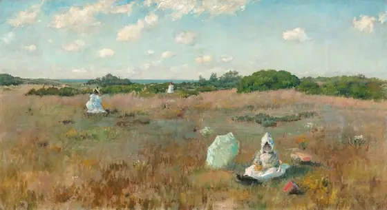 The painting depicts a golden, grassy landscape with low green trees in the distance, leading towards vibrant blue water on the horizon.