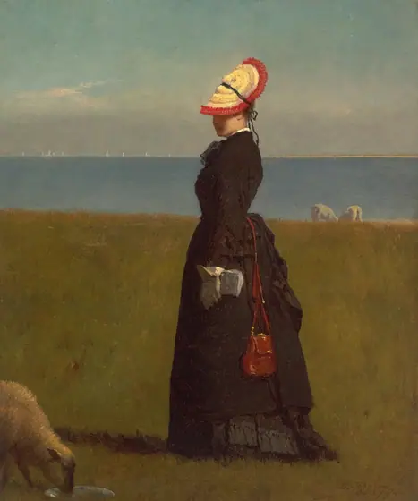 This painting shows a woman standing outdoors, facing the left. She has pale skin, and her face is in shadow, obscured by a wide-brimmed flat white hat with a red stripe around the edge, tied with a black bow behind her head.