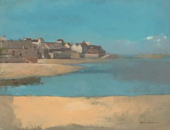 This painting depicts a coastal scene overlooking a quiet shore. At the bottom of the painting, an open sandy expanse leads to blue waters.