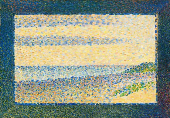 This horizontal, rectangular painting is created entirely with dots and touches of sky and royal blue, butter and sunshine yellow, and spring green.