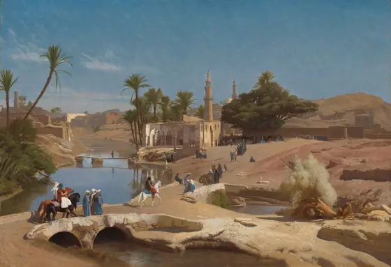 About a dozen people walk and a few ride horses across a bridge spanning river that cuts through a sandy landscape in this horizontal painting.