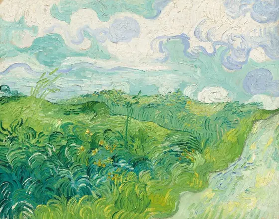 Verdant green fields roll in undulating waves back alongside a road in this horizontal landscape painting.