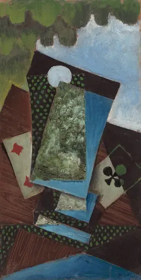 We look down at a wooden tabletop with two playing cards among stacked rectangles and wedges in this vertical, abstract painting. The two playing cards we can make out are a four of diamonds to our left and an ace of clubs to our right.
